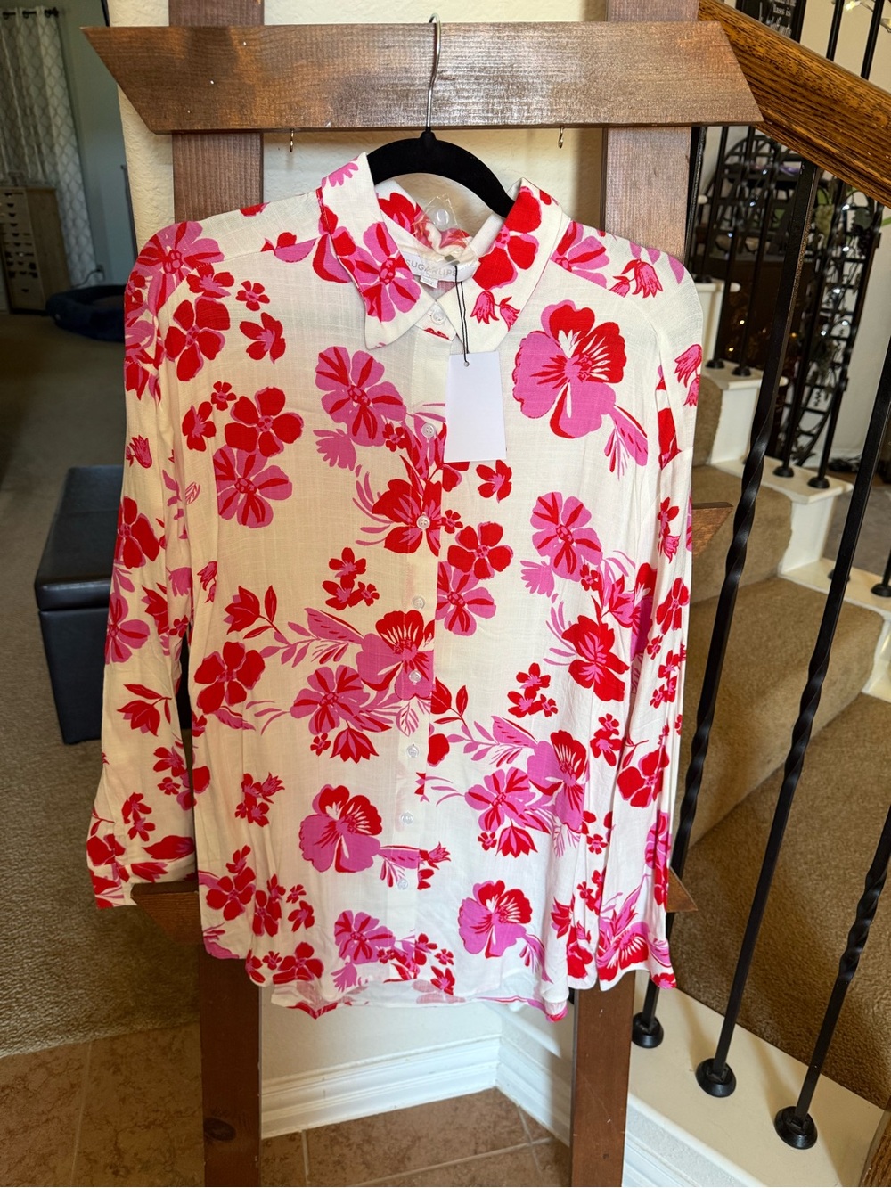Sugarlips Cream Blouse with Pink & Red Floral Print